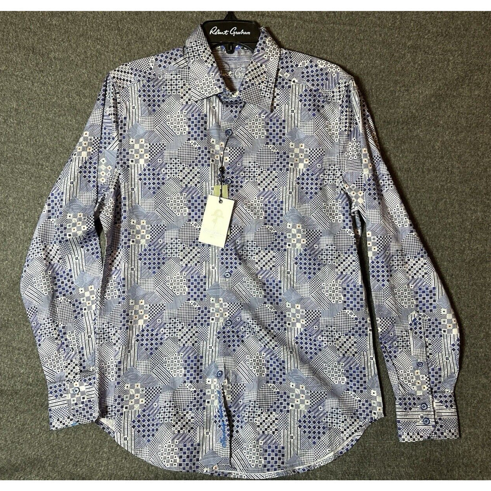 Robert Graham Shirt Mens Small Blue Geometric Long Sleeve Button Embroidered NWT